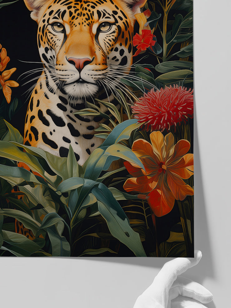 Leopard & Flowers - Art Print Poster