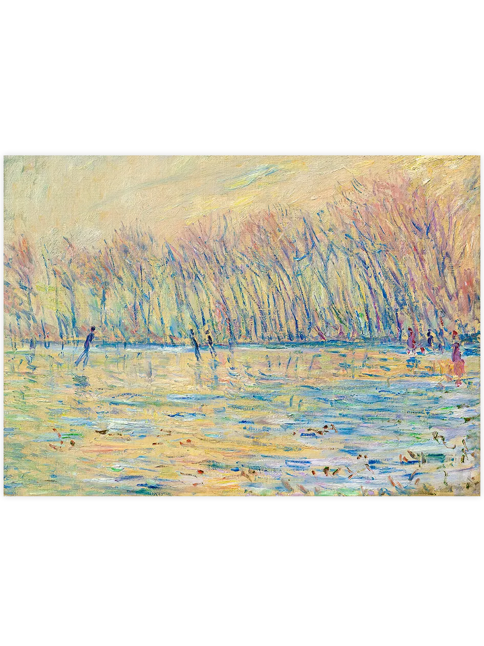 Giverny’de buz üstünde kayan figürler.