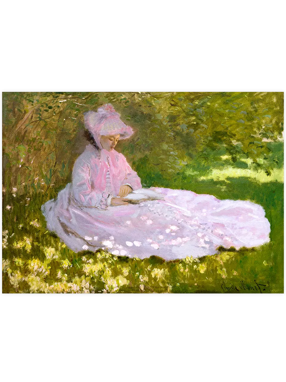 Bahçede kitap okuyan Camille Monet.