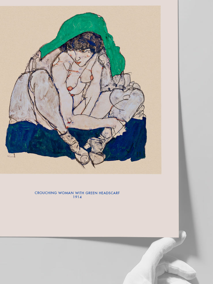 Egon Schiele Crouching Woman with Green Headscarf - Art Print Poster