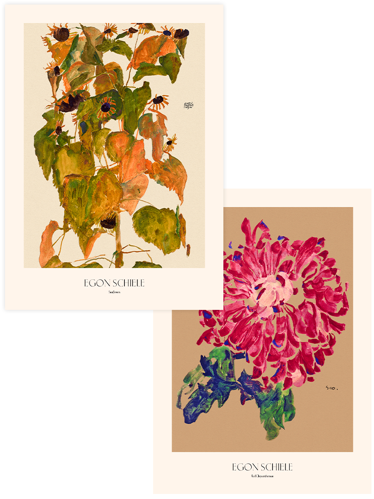 Egon Schiele Chrysanthemum & Sunflowers - Poster Seti Duo Ünlü Ressamlar Poster