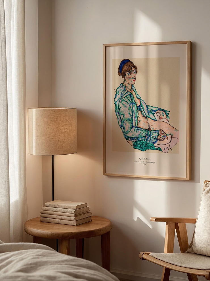 Egon Schiele Sitting Semi-Nude with Blue Hairband - Art Print Poster