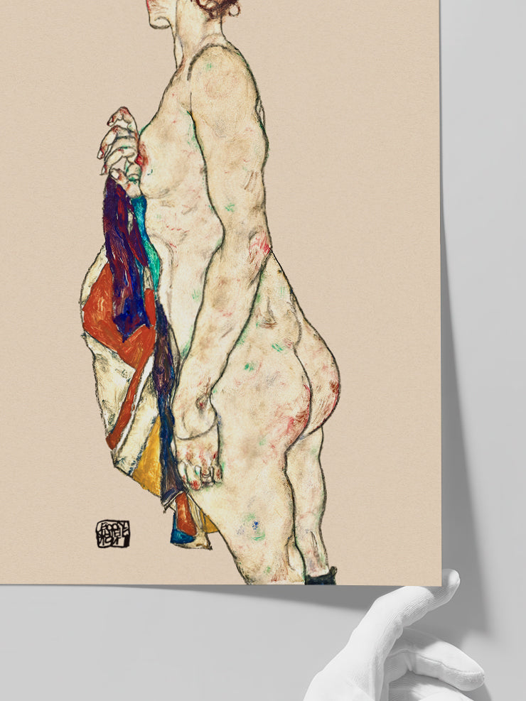 Egon Schiele Standing Nude with a Patterned Robe - Art Print Poster