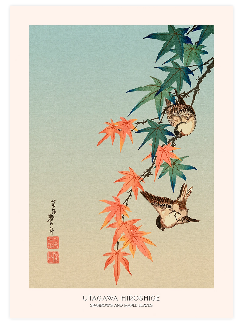 Hiroshige, Sparrows and Maple Leaves - Art Print Ünlü Ressamlar Poster