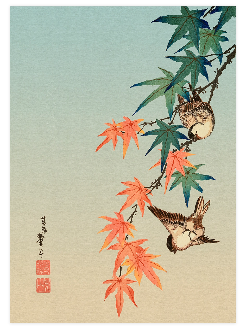 Hiroshige, Sparrows and Maple Leaves - Art Print Ünlü Ressamlar Poster