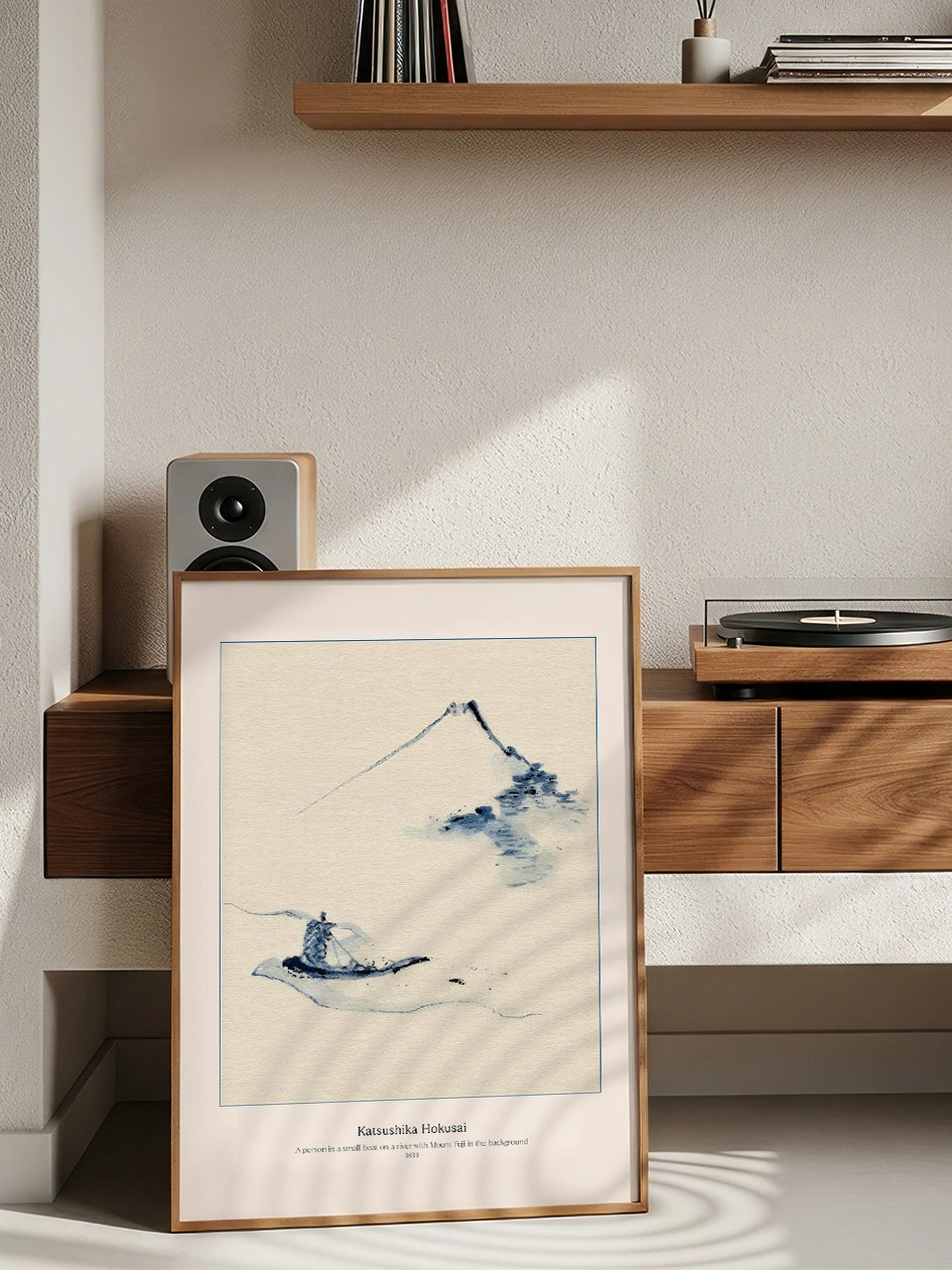 Hokusai, A Person in a Boat with Mount Fuji - Art Print Poster