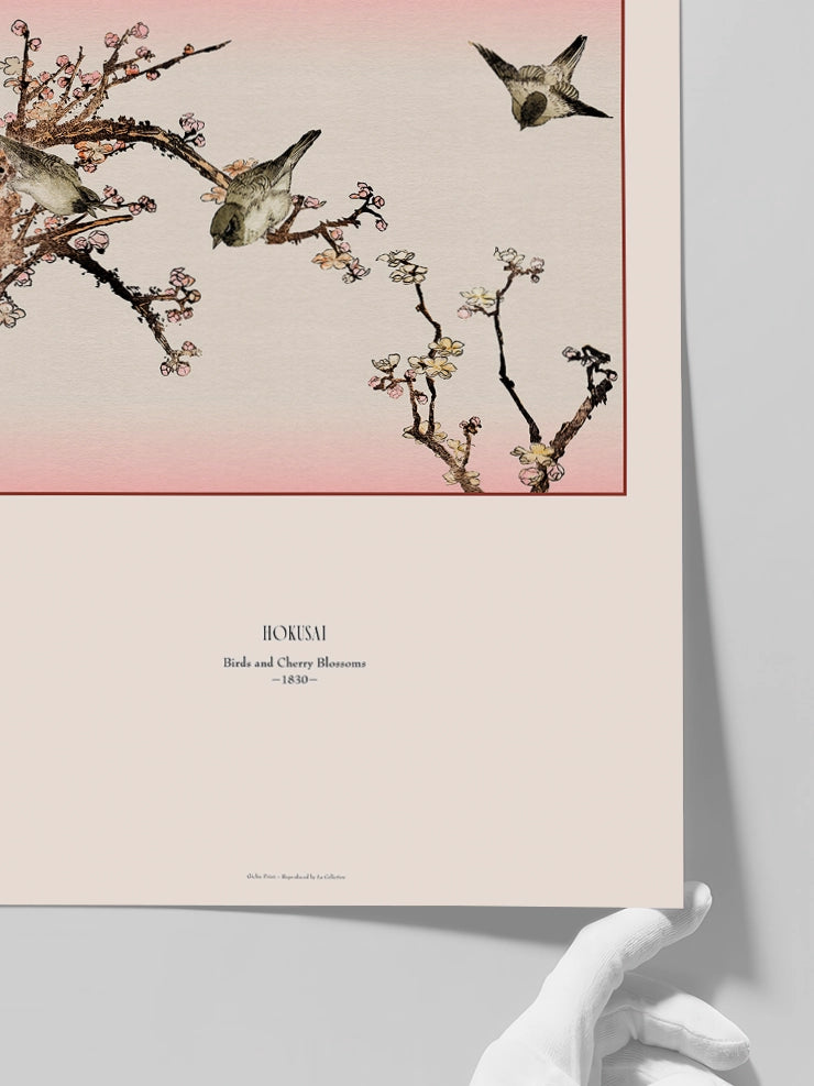 Hokusai Birds and Cherry Blossoms posterini yakından gösteren görsel