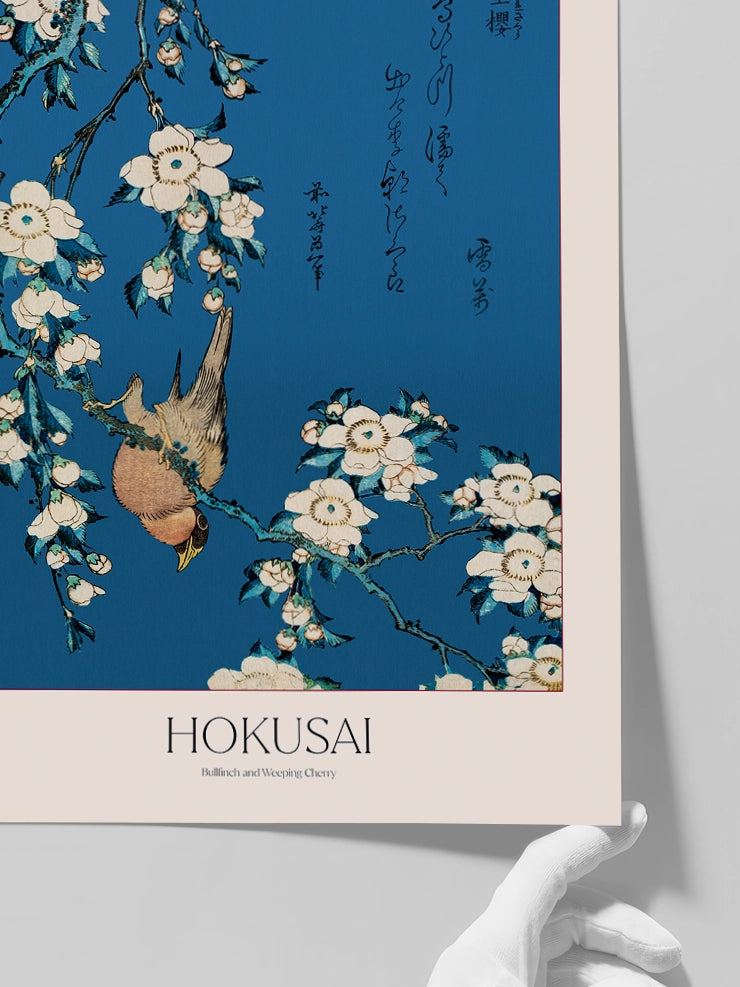 Hokusai, Bullfinch and Weeping Cherry posterinin detaylarını gösteren görsel