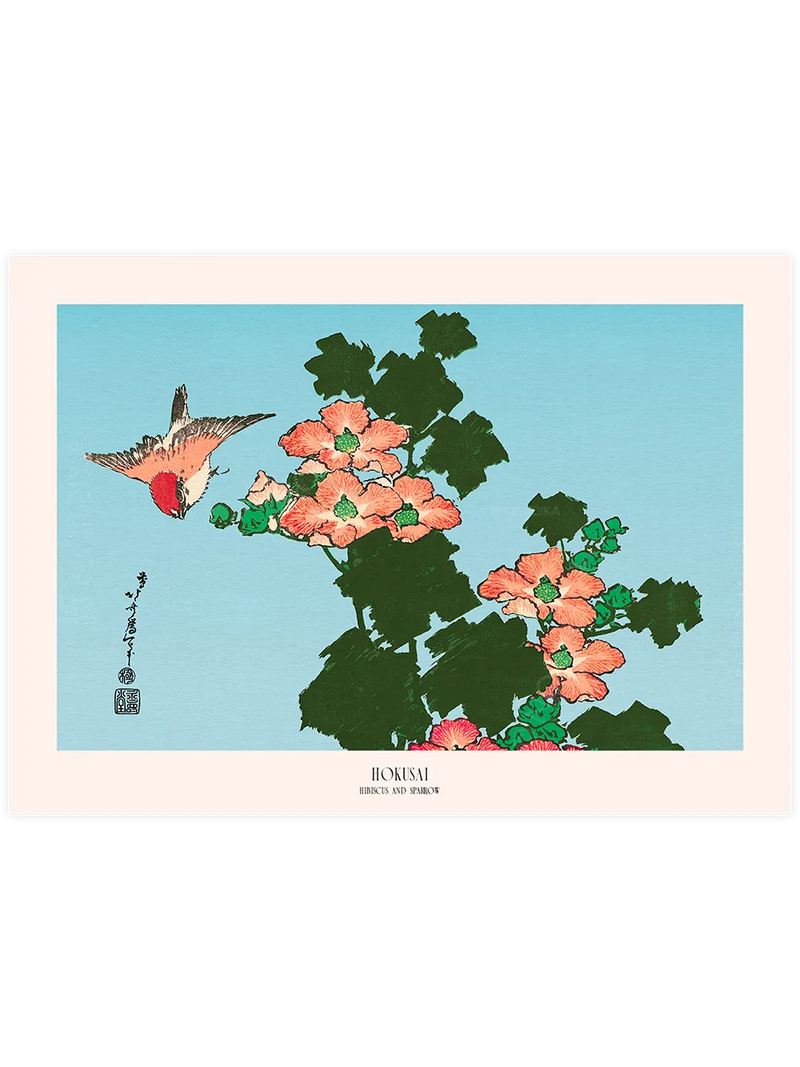Hokusai Hibiscus and Sparrow poster