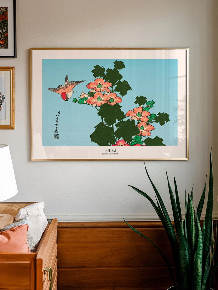 Hokusai Hibiscus and Sparrow tablosu