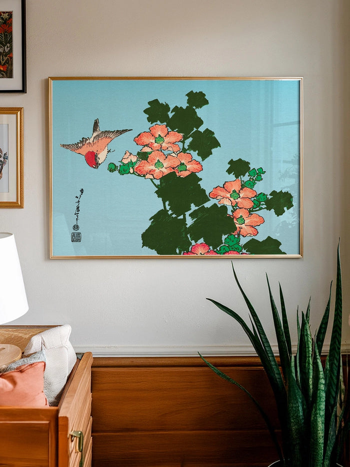 Hokusai Hibiscus and Sparrow tablosu