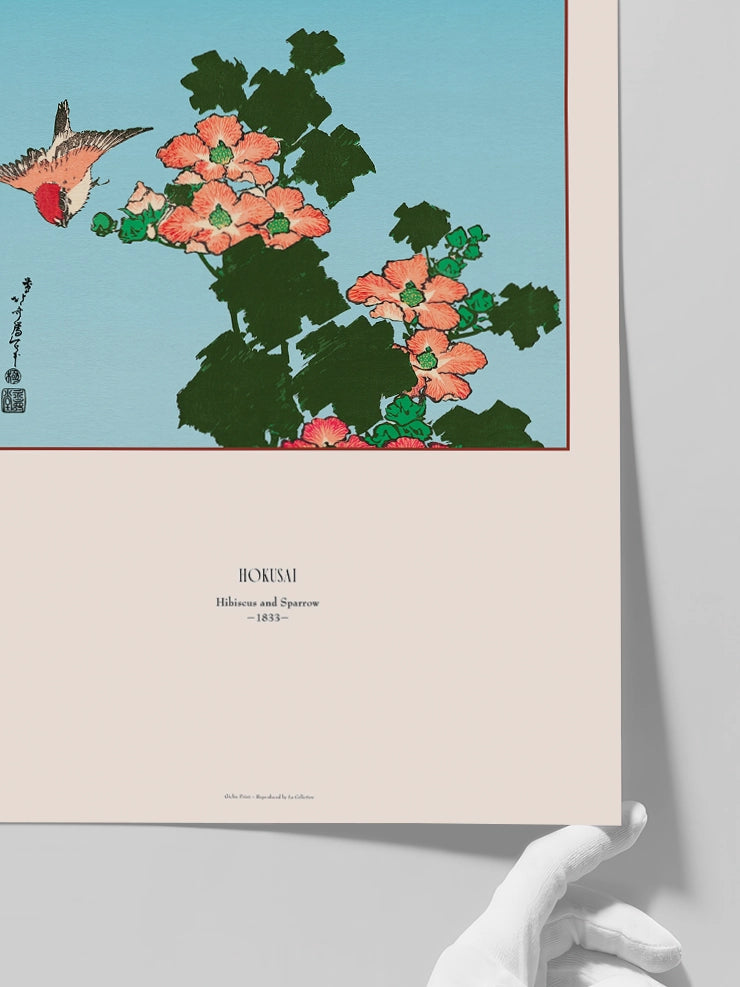 Hokusai Hibiscus and Sparrow posterinin detaylarını gösteren görsel