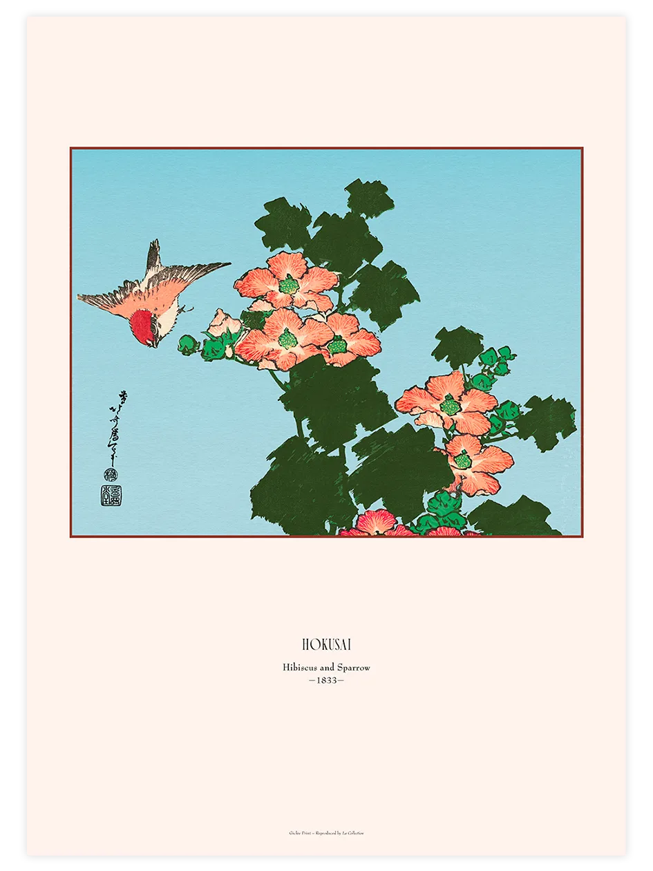 Hokusai Hibiscus and Sparrow poster