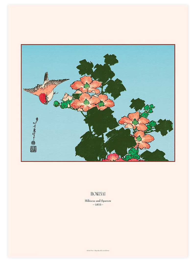 Hokusai Hibiscus and Sparrow poster