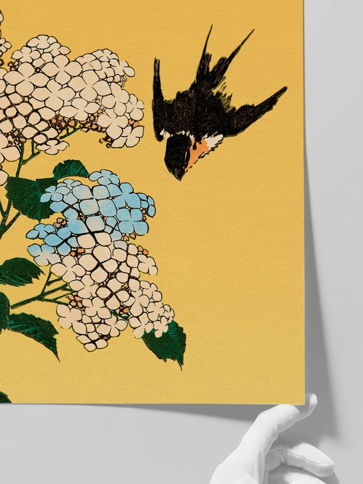 Hokusai Hydrangea and Swallow posterini yakından gösteren görsel