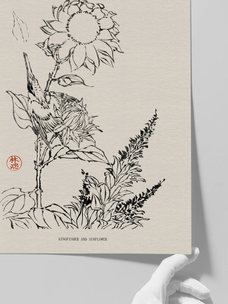 Hokusai, Kingfisher and Sunflower - Art Print Poster