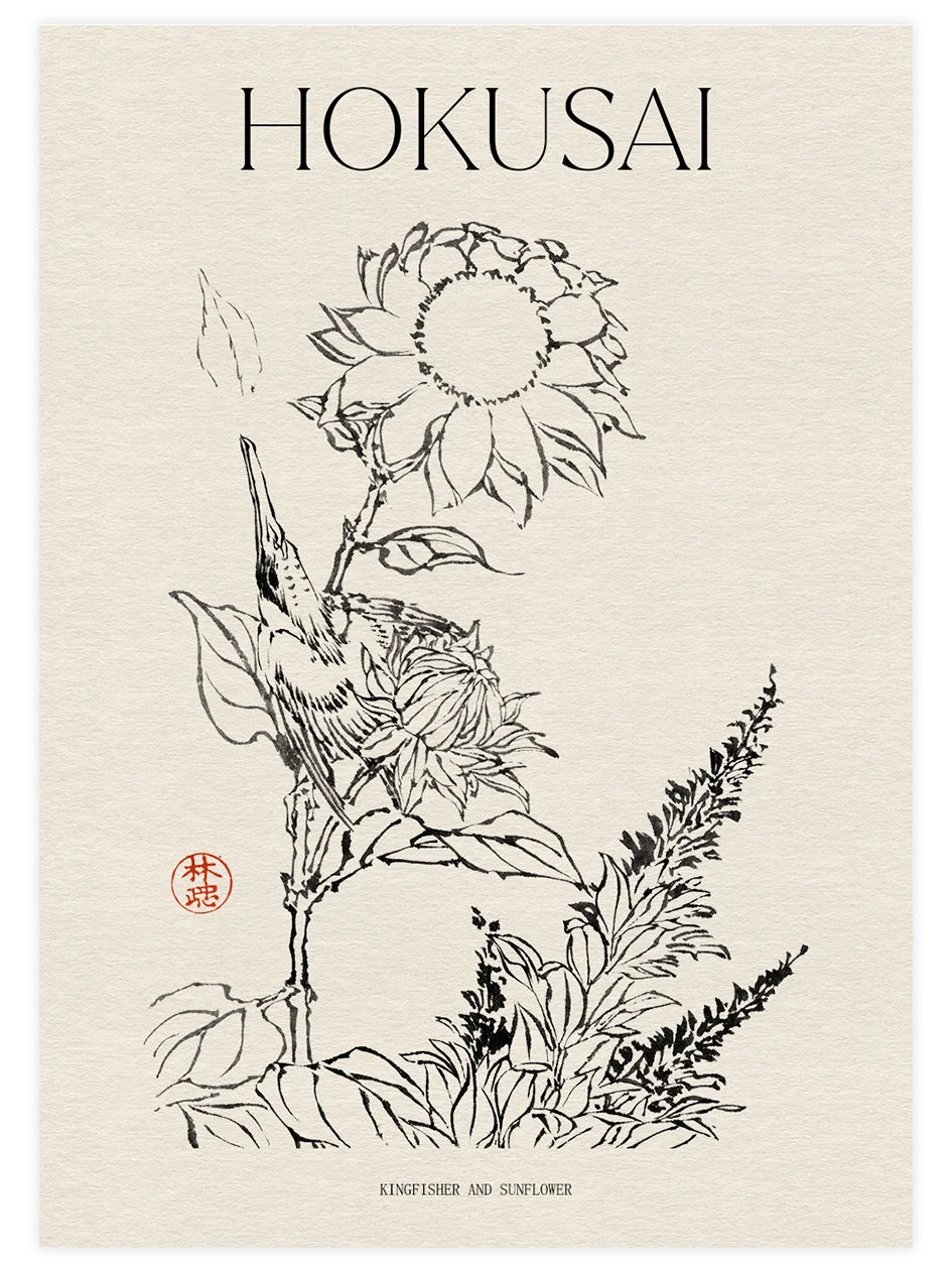 Hokusai, Kingfisher and Sunflower - Art Print Ünlü Ressamlar Poster