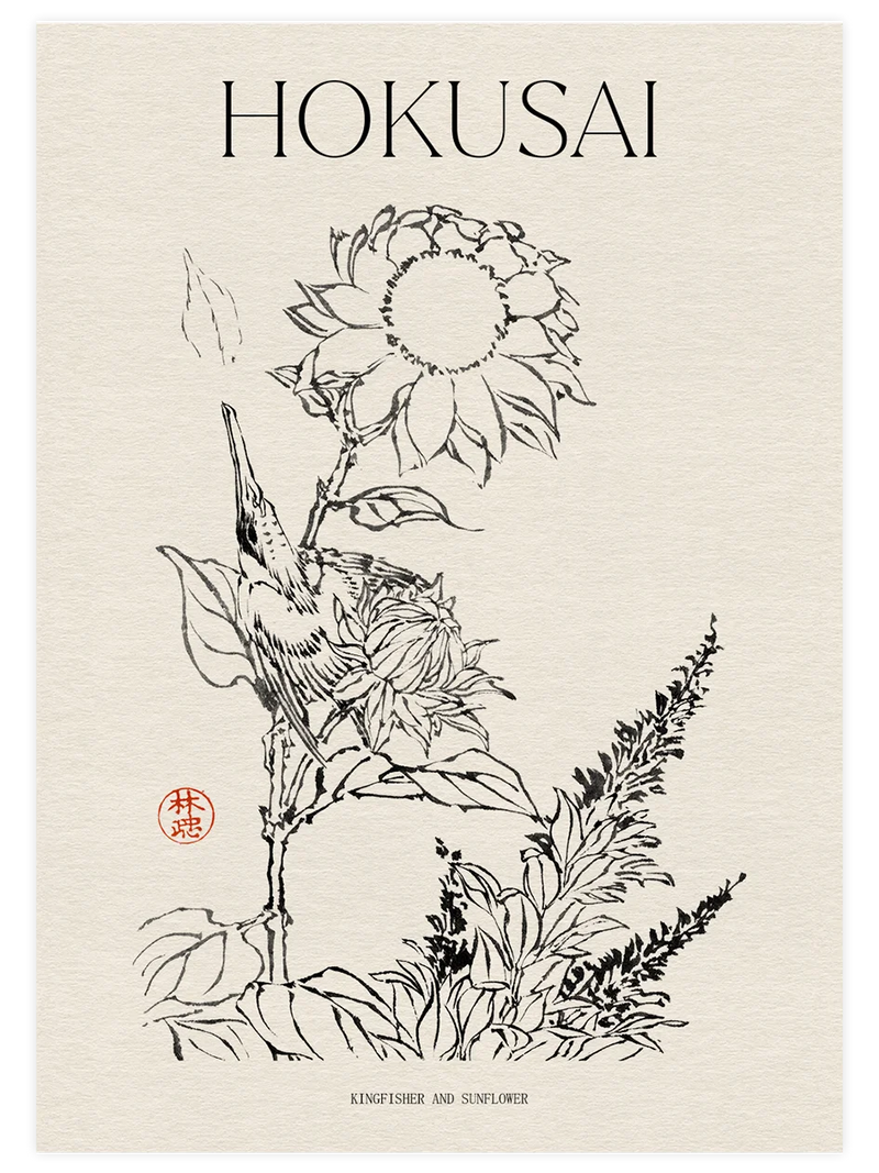 Hokusai, Kingfisher and Sunflower - Art Print Ünlü Ressamlar Poster