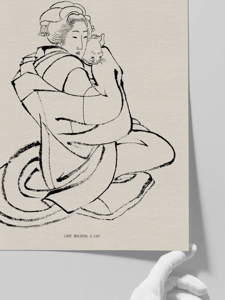 Hokusai, Lady Holding a Cat Sketch - Art Print Poster