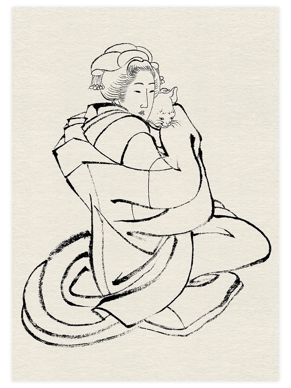 Hokusai, Kedi Tutan Kadın Sketch - Art Print Ünlü Ressamlar Poster