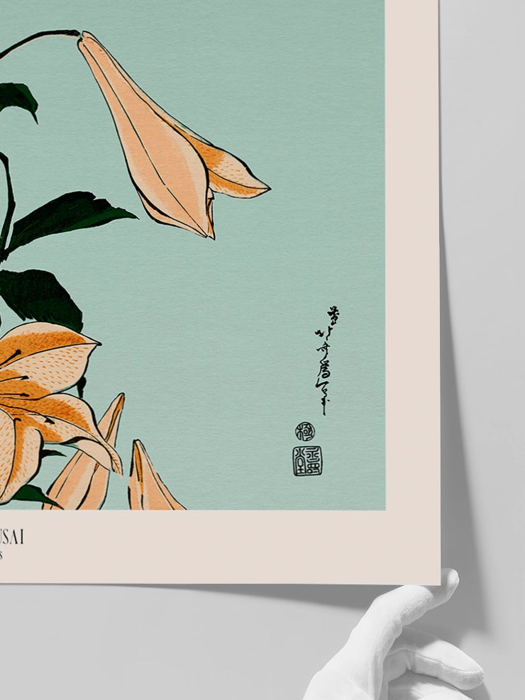 Hokusai Lilies posterinin detaylarını gösteren görsel