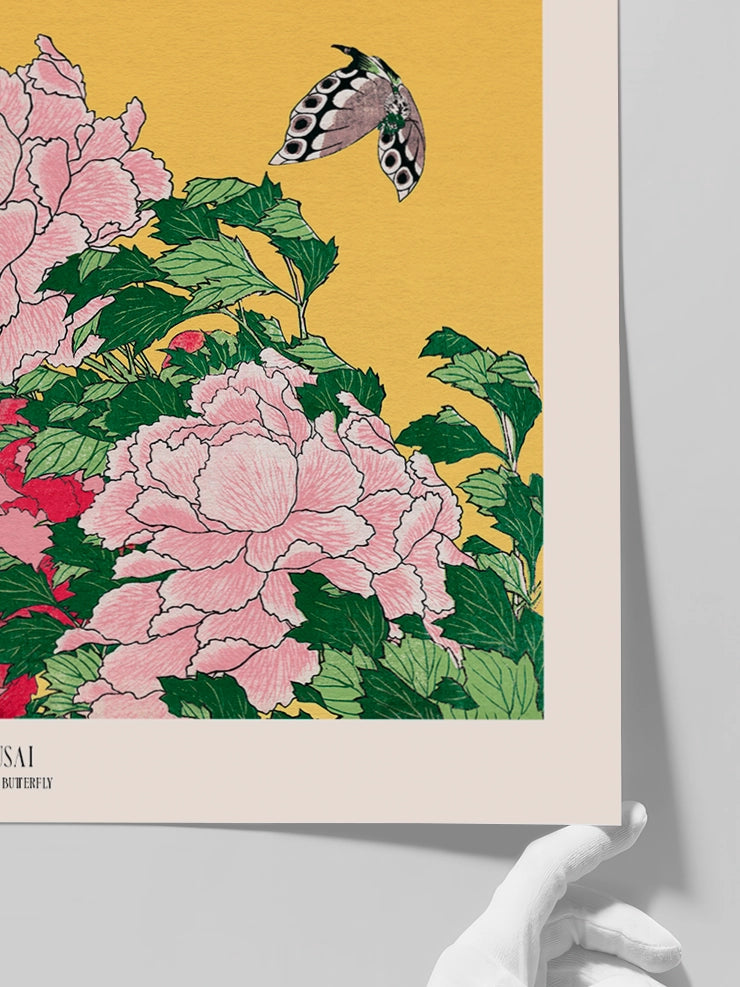 hokusai peonies and butterfly posterinin detayları