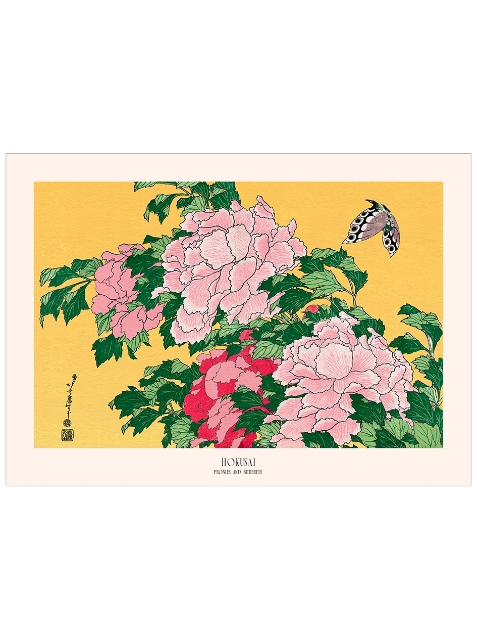 hokusai peonies and butterfly poster
