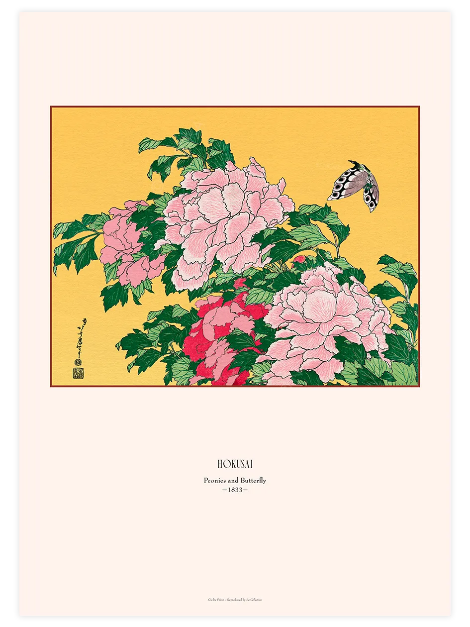 Hokusai Peonies and Butterfly poster