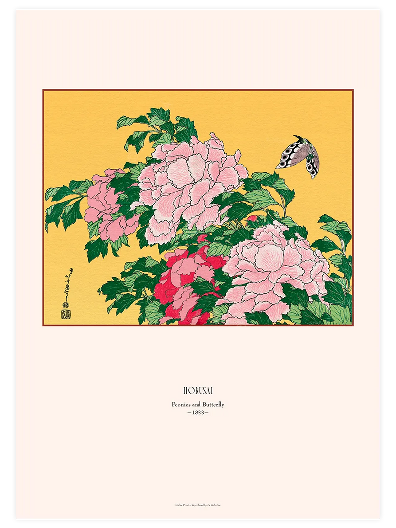 Hokusai Peonies and Butterfly poster