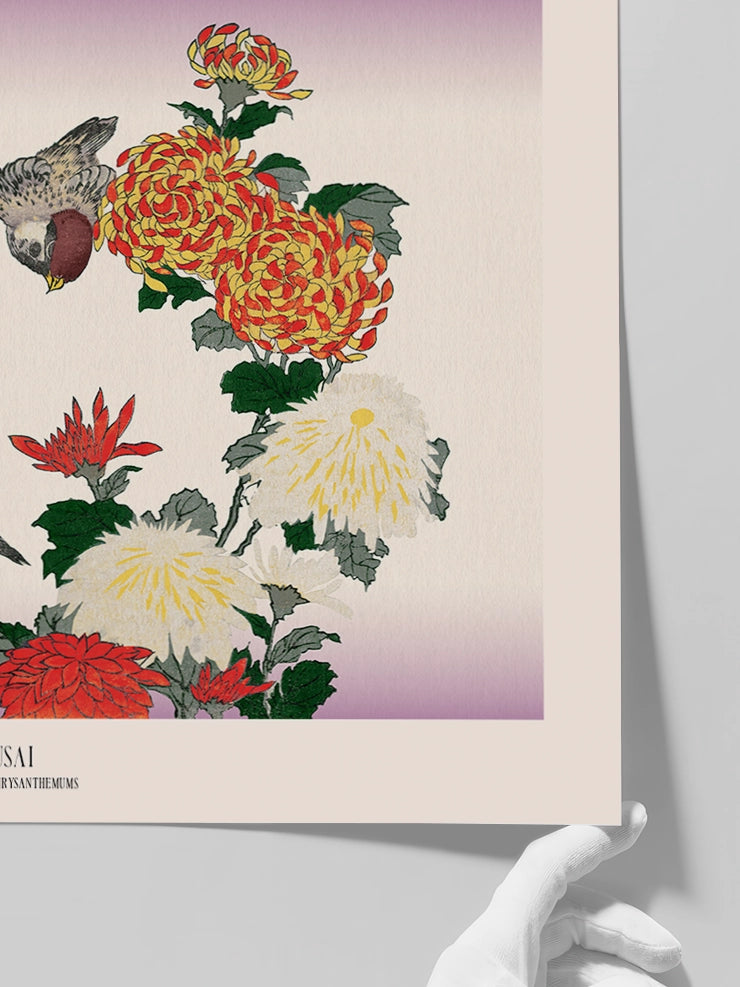 Hokusai Sparrows and Chrysanthemums posterinin daha yakından görüldüğü bir görsel