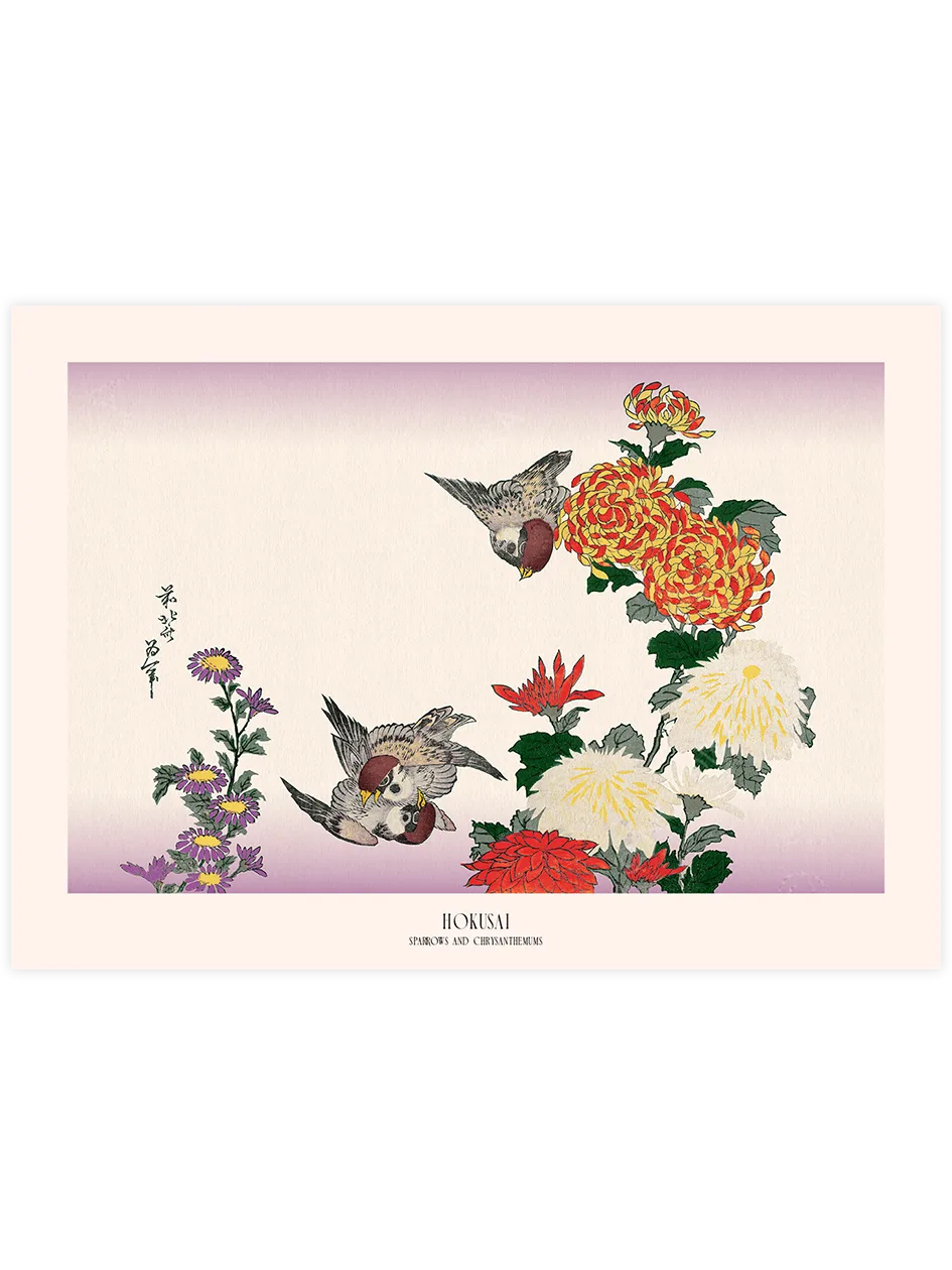 Hokusai Sparrows and Chrysanthemums poster