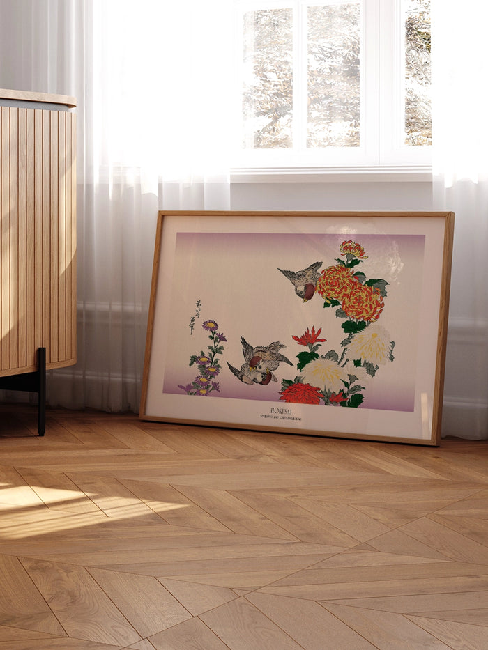 Hokusai Sparrows and Chrysanthemums tablosu