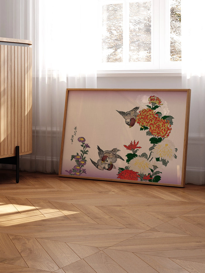 Hokusai, Sparrows and Chrysanthemums tablosu