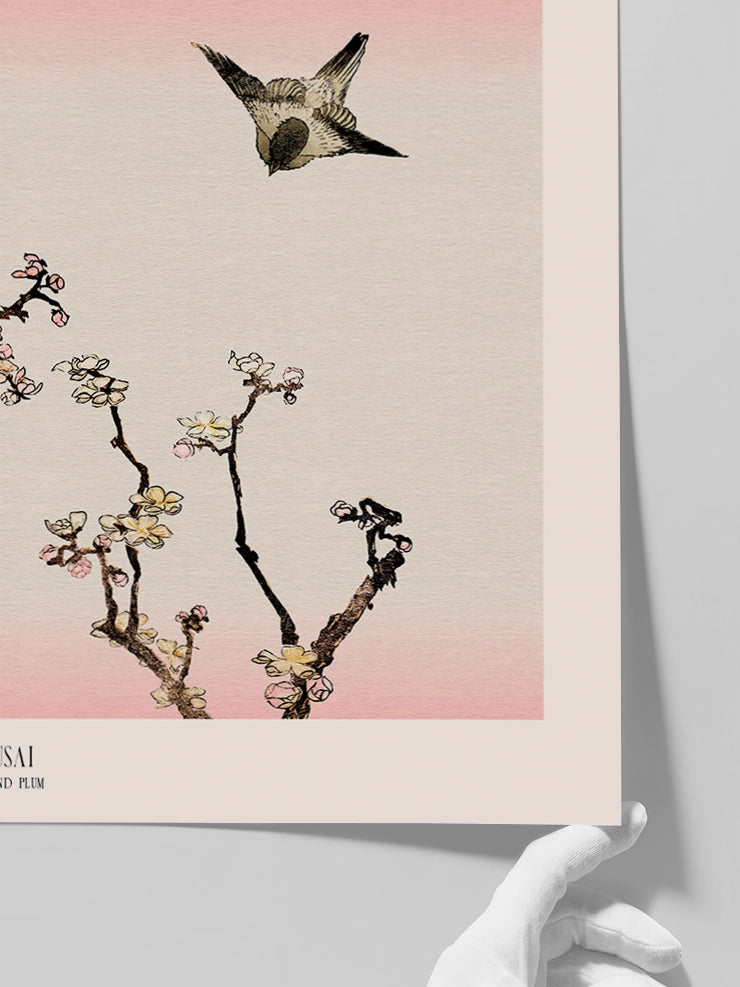 Hokusai Sparrows and Plum posterinin detaylarını gösteren bir görsel