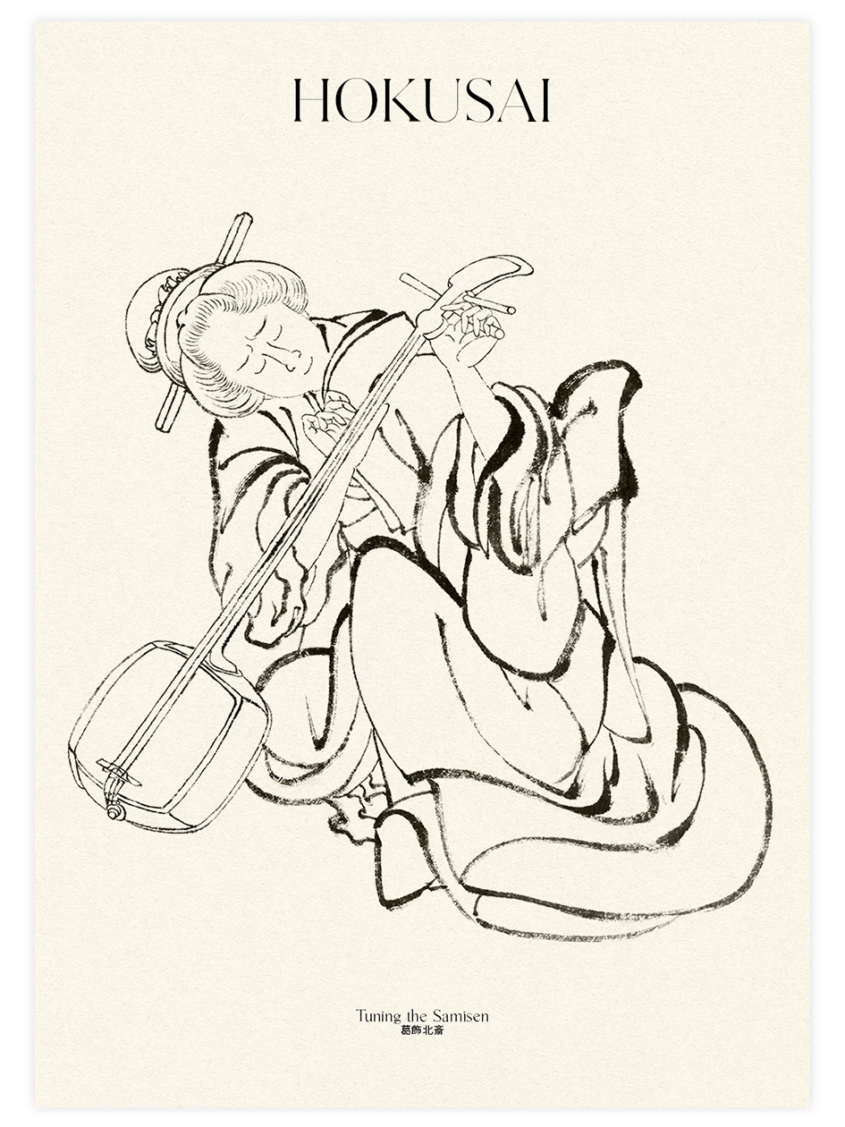 Hokusai, Tuning the Samisen - Art Print Ünlü Ressamlar Poster