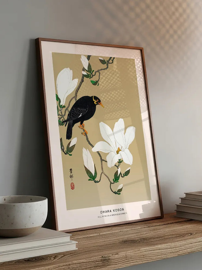 Ohara Koson Hill Myna on a Magnolia Branch - Art Print
