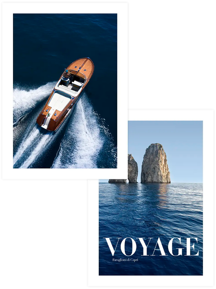 Sürat teknesi ve Faraglioni kayalıklarını içeren iki parçalı Capri poster seti