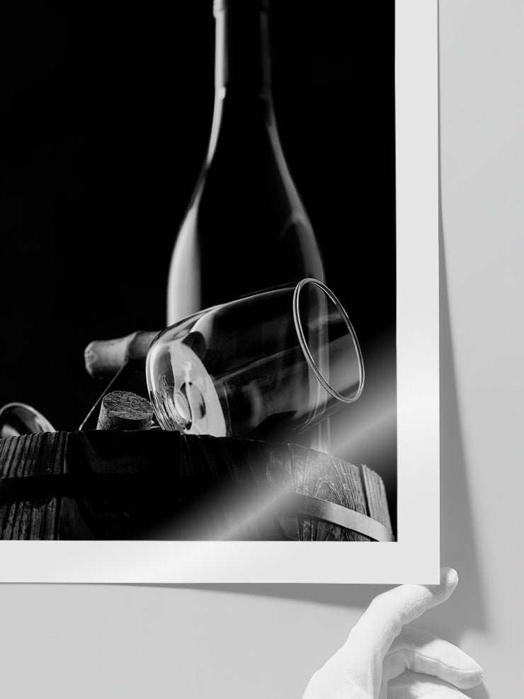 Bottle Of Wine On A Barrel - Art Print Poster