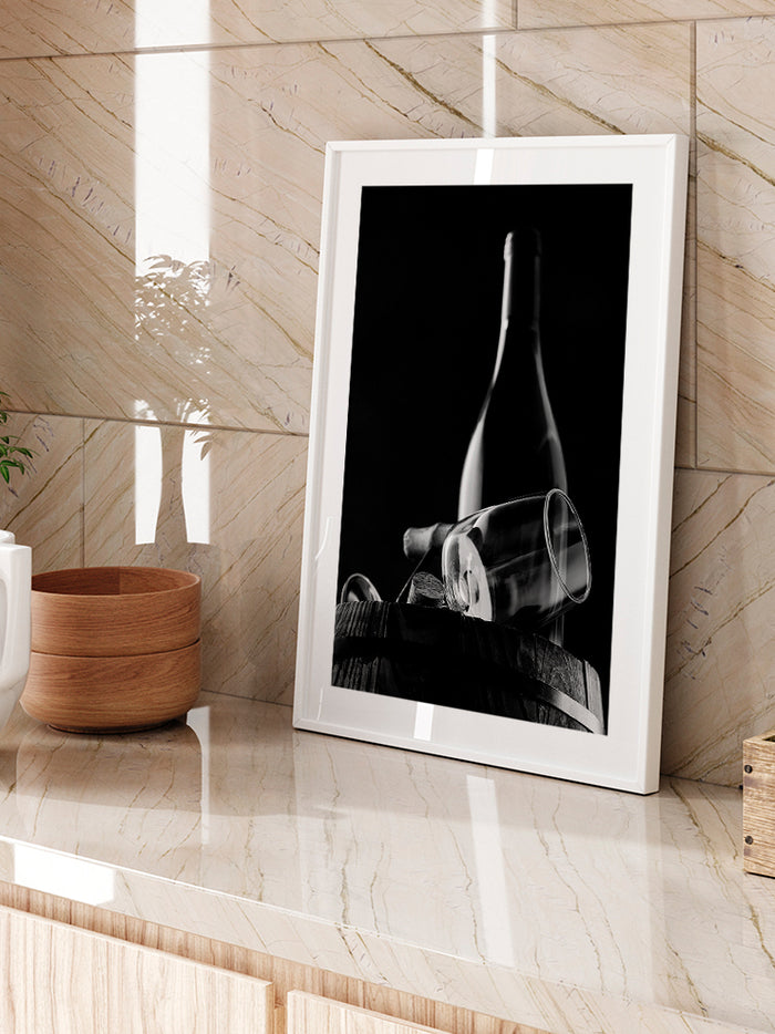 Bottle Of Wine On A Barrel - Art Print Poster