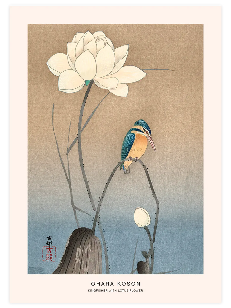 Ohara Koson Kingfisher with Lotus Flower eserinde lotus sapına konmuş yalıçapkını