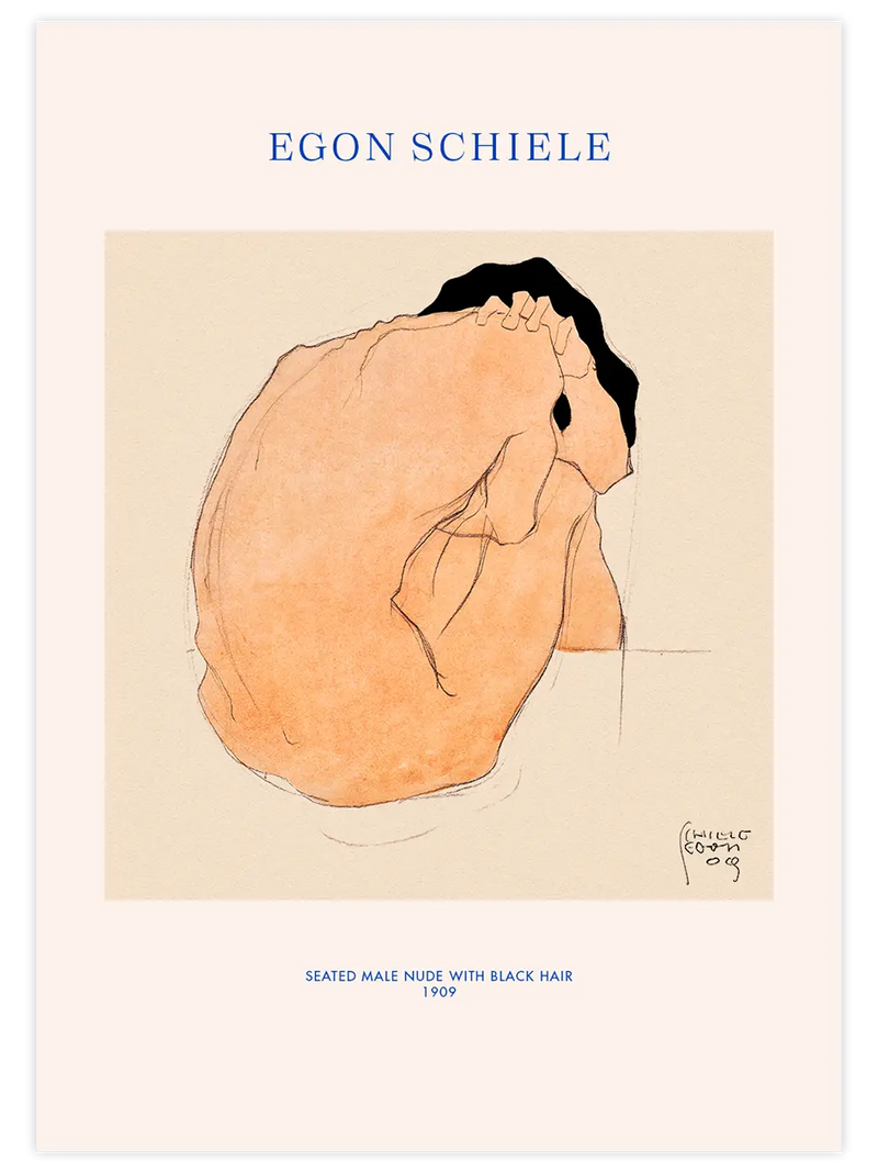 Egon Schiele Seated Male Nude with Black Hair - Art Print Ünlü Ressamlar Poster