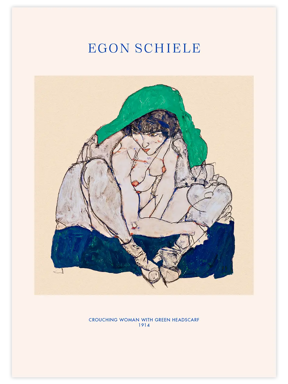 Egon Schiele Crouching Woman with Green Headscarf - Art Print Ünlü Ressamlar Poster