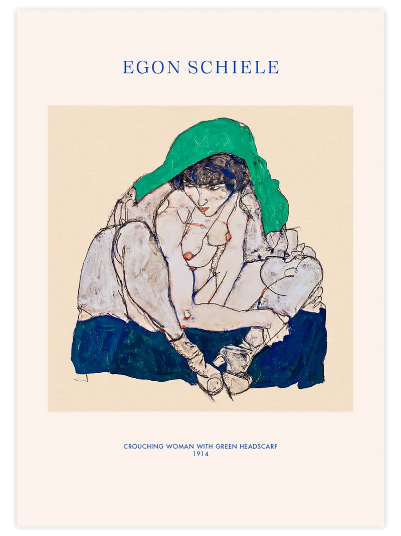 Egon Schiele Crouching Woman with Green Headscarf - Art Print Ünlü Ressamlar Poster