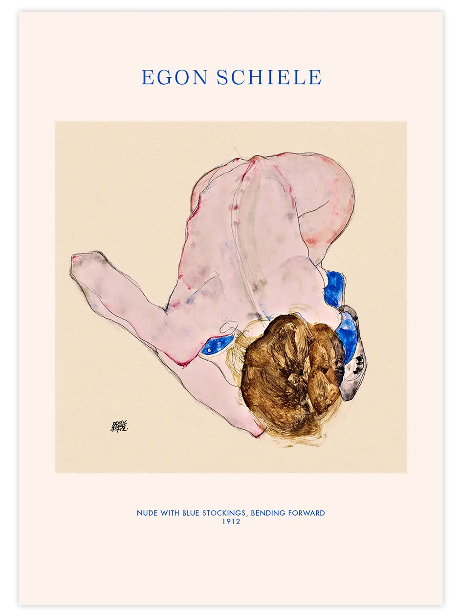 Egon Schiele Nude with Blue Stochings, Bending Forward - Art Print Ünlü Ressamlar Poster