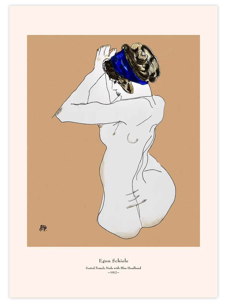 Egon Schiele Seated Female Nude with Blue Headband - Art Print Ünlü Ressamlar Poster