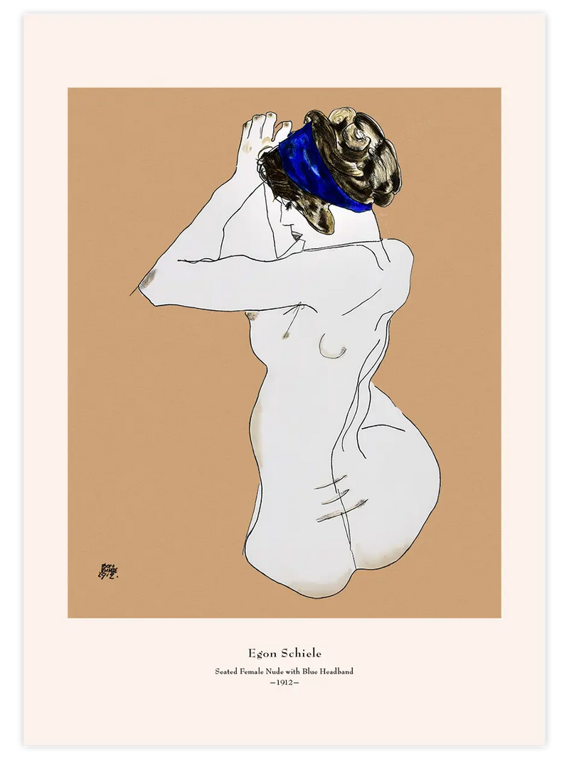 Egon Schiele Seated Female Nude with Blue Headband - Art Print Ünlü Ressamlar Poster