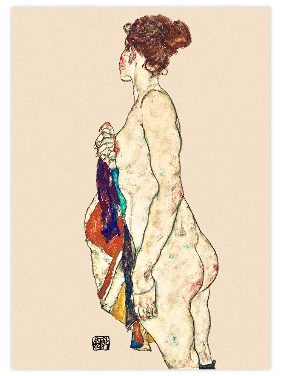 Egon Schiele Standing Nude with a Patterned Robe - Art Print Ünlü Ressamlar Poster