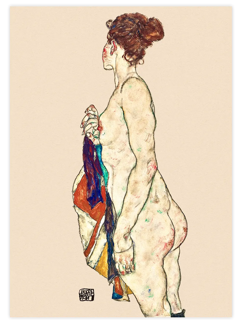 Egon Schiele Standing Nude with a Patterned Robe - Art Print Ünlü Ressamlar Poster