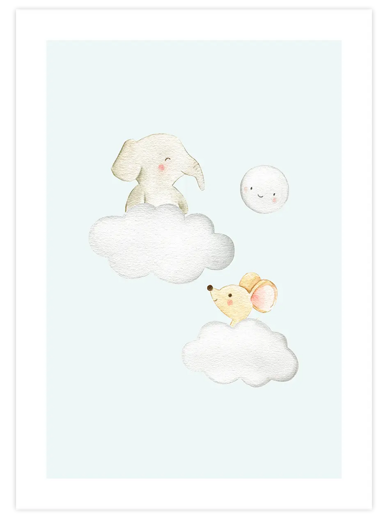 Bulut Üstünde Fil ve Fare - Art Print Çocuk Odası Poster