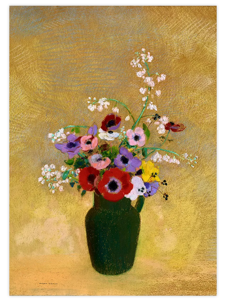 Odilon Redon Karışık Çiçeklerle Büyük Yeşil Vazo - Art Print Ünlü Ressamlar Poster